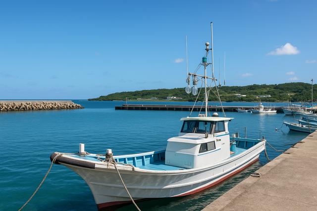 turquoise waters, and docked boats at a concrete pier in Miyakojima