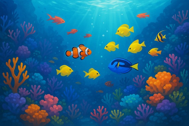clownfish-and-blue-tang-with-yellow-tangs-on-coral-reef-illustration