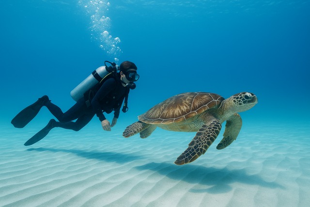 diver-swimming-alongside-green-sea-turtle-over-rippled-sand