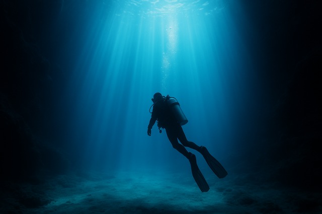 scuba-diver-beneath-ocean-sunrays