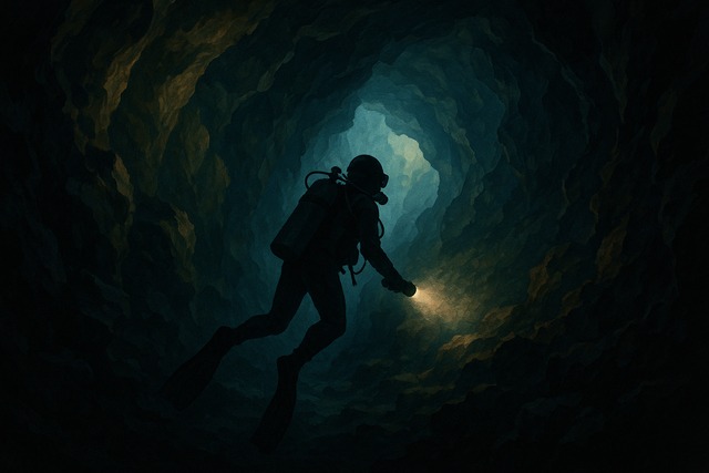 scuba-diver-exploring-underwater-cave-with-flashlight