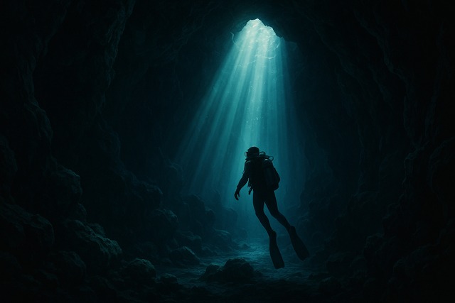 scuba-diver-in-sea-cave-with-sunbeams