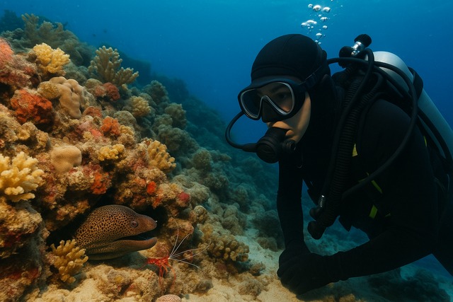 scuba-diver-observing-moray-eel-and-cleaner-shrimp